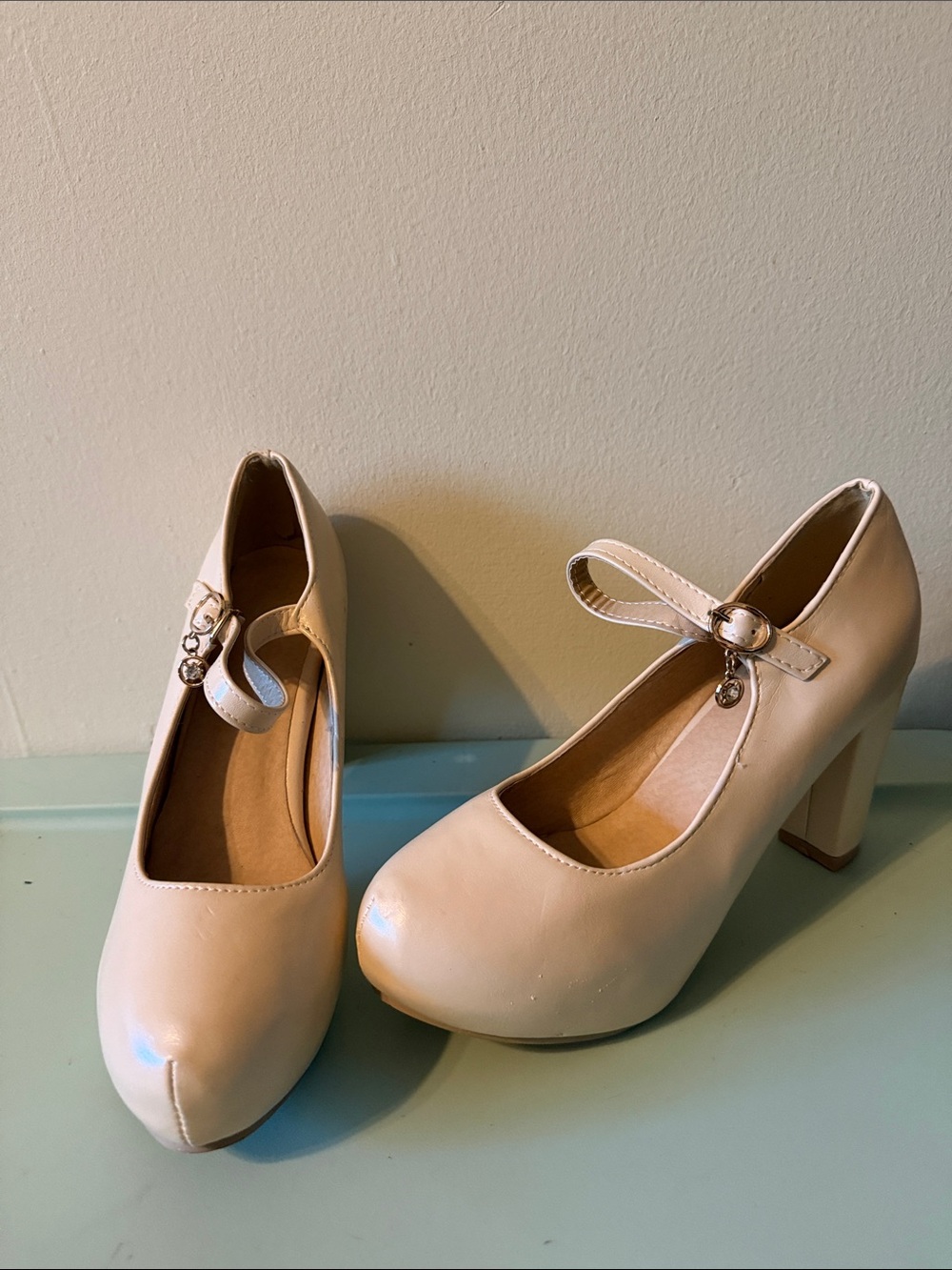 Cream Mary Jane Block Heels with Buckle Charm